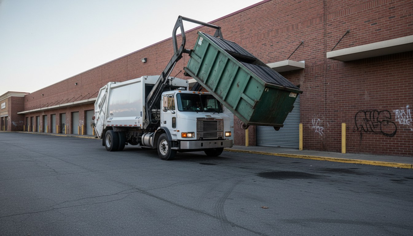 Front-loader truck lifting a green commercial dumpster behind a strip-mall retail center
